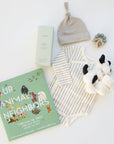 PEHR cozy white and kimono onesie 3-6 months, Jellycat puppy lovey, Our Animal Neighbors book, Pipette baby oil, Alva sage green teether, and Alva greybeanie.