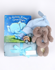 BOXFOX New Baby Boy Box in creme, including a swaddle, elephant rattle, teether, hat and book.
