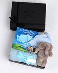 BOXFOX New Baby Boy Box in black, including a swaddle, elephant rattle, teether, hat and book.
