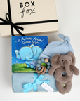 BOXFOX New Baby Boy Box in creme, including a swaddle, elephant rattle, teether, hat and book.
