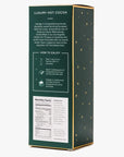 Back of emerald green box. Has white text with product description, ingredients & nutritional facts