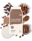 Cacao Powder Hazelnut Milk Smoothing Plant-Based Milk Mask packaging surrounded by chocolate, hazelnuts, powders and creams.