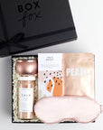 BOXFOX Black Gift Box filled with Azeria Pink Silk Sleep Mask, Herbivore Botanicals Calm Bath Salts, Voluspa Prosecco Rose Candle, Lapcos Pearl Sheet Mask and The chocolate society chocolate bar