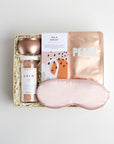 BOXFOX Creme Gift Box filled with Azeria Pink Silk Sleep Mask, Herbivore Botanicals Calm Bath Salts, Voluspa Prosecco Rose Candle, Lapcos Pearl Sheet Mask and The Chocolate Society Chocolate Bar