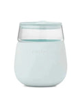 mint sleeve with clear glass stemless wine glass