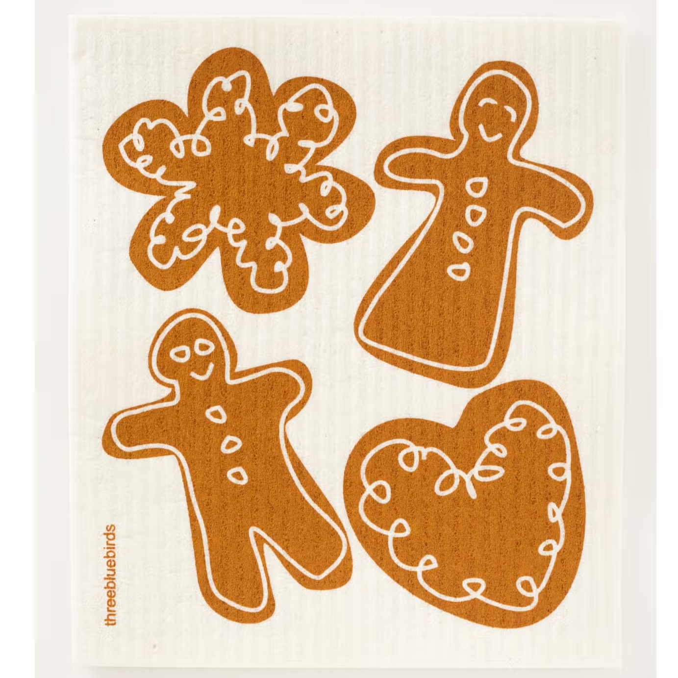 Two gingerbread men in the center with brown heart and brown snowflake.