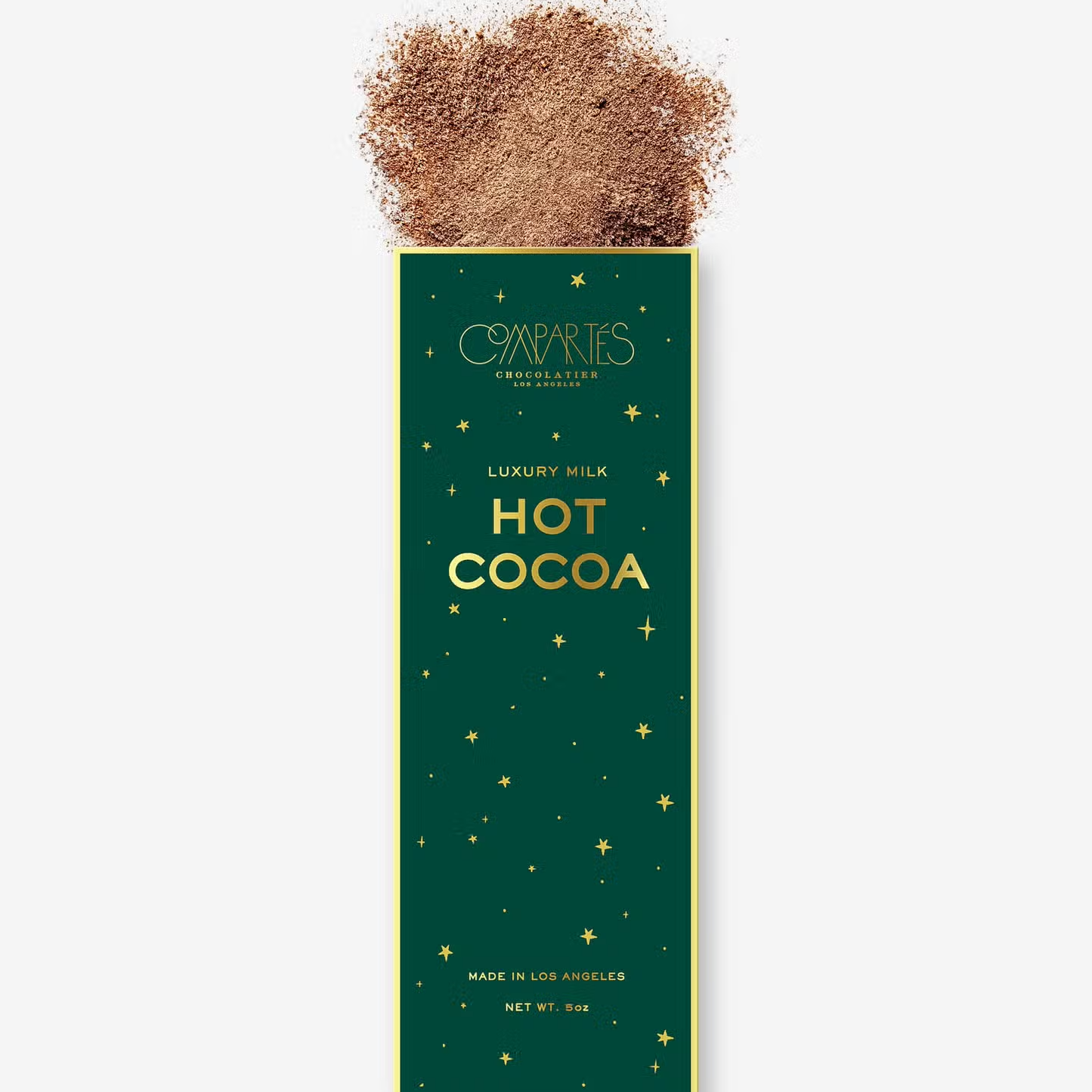 Emerald green box with gold accents on the front. Box reads "Luxury Hot Cocoa" with Compartes logo near the top in the center. Hot cocoa powder displayed on top of the box