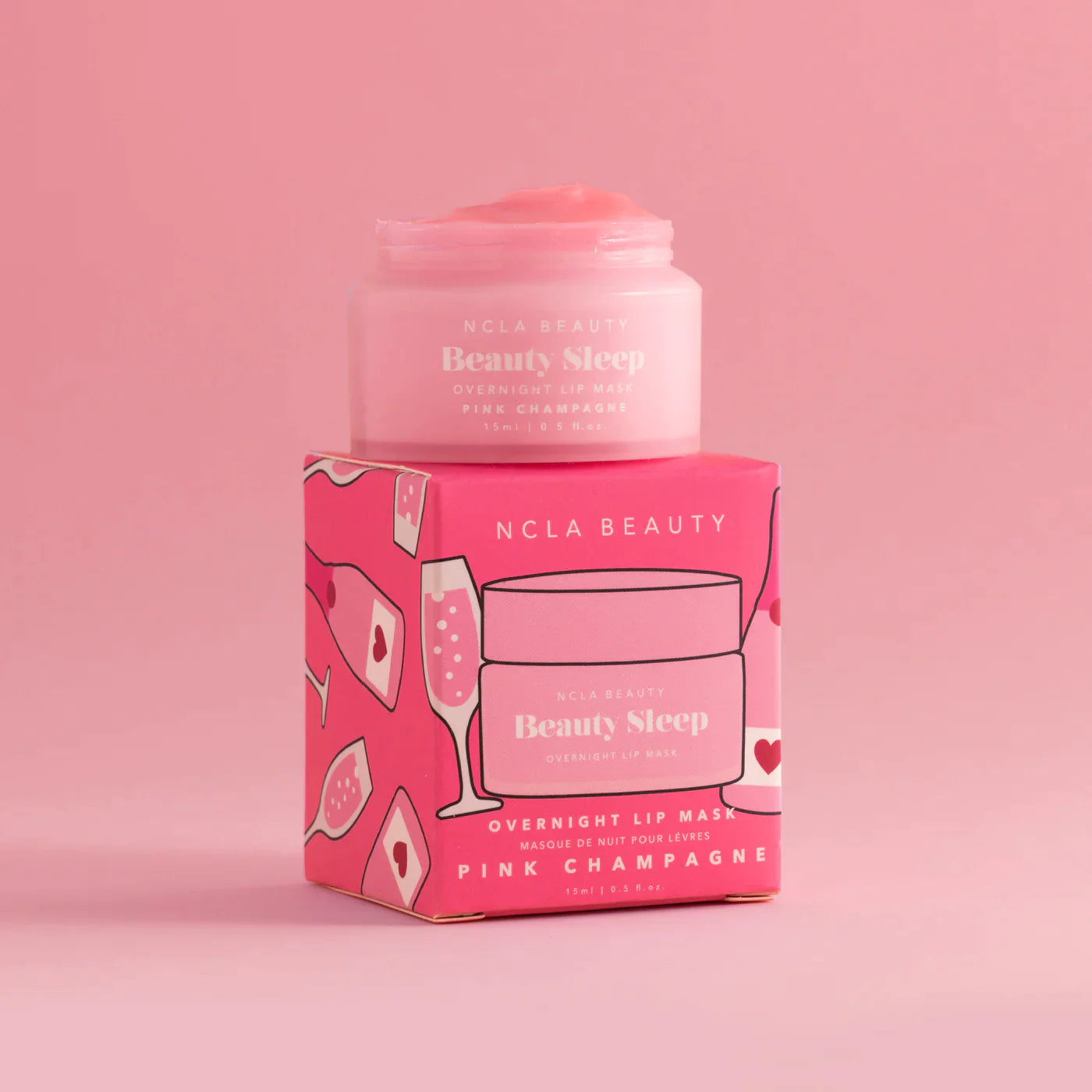 Pink Champagne Beauty Sleep Overnight Lip Mask box package under mask pot