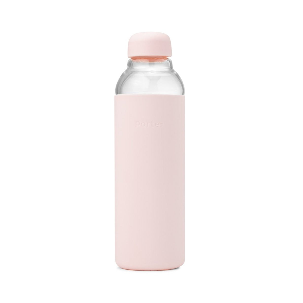 Glass bottle with pink silicone cover and cap.