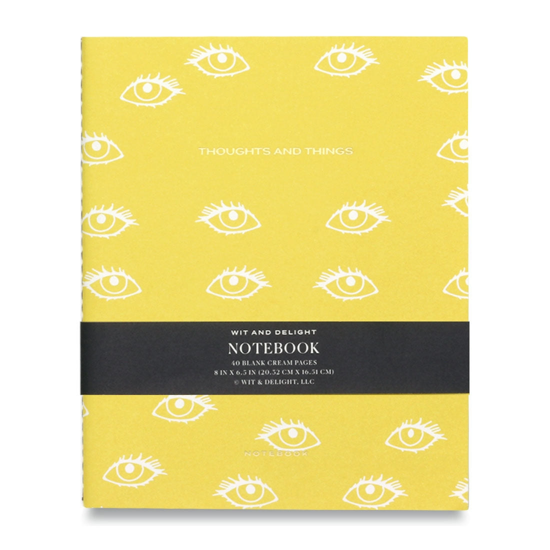 Yellow notebook with eyes that reads &quot;Thought and Things&quot; and has a dark band around it.