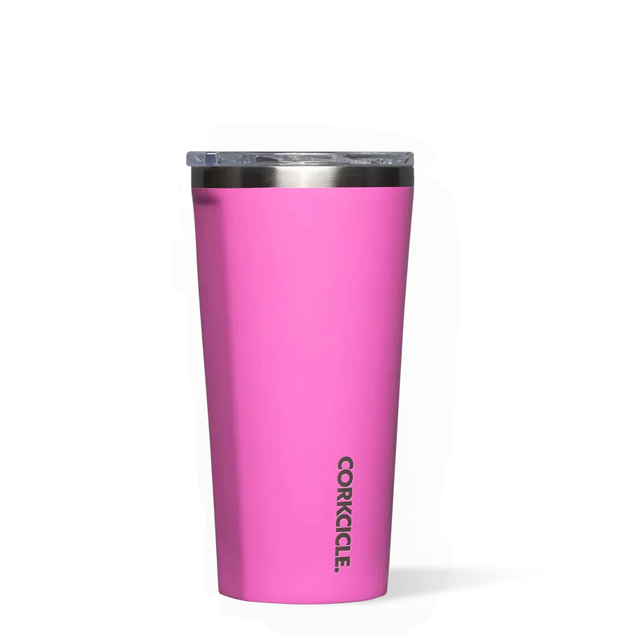 Hot Pink tumbler with silver rim on the top and corkcicle printed along the side
