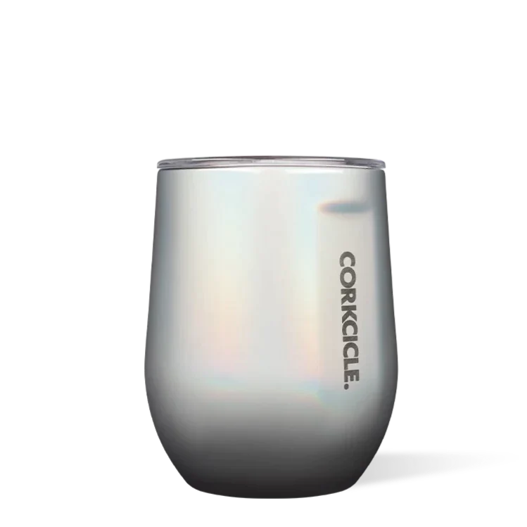 A stainless steel wine cup with a rainbow prismatic finish and clear plastic lid. Metallic lettering on side reads, "CORKCICLE." Photographed on white background.