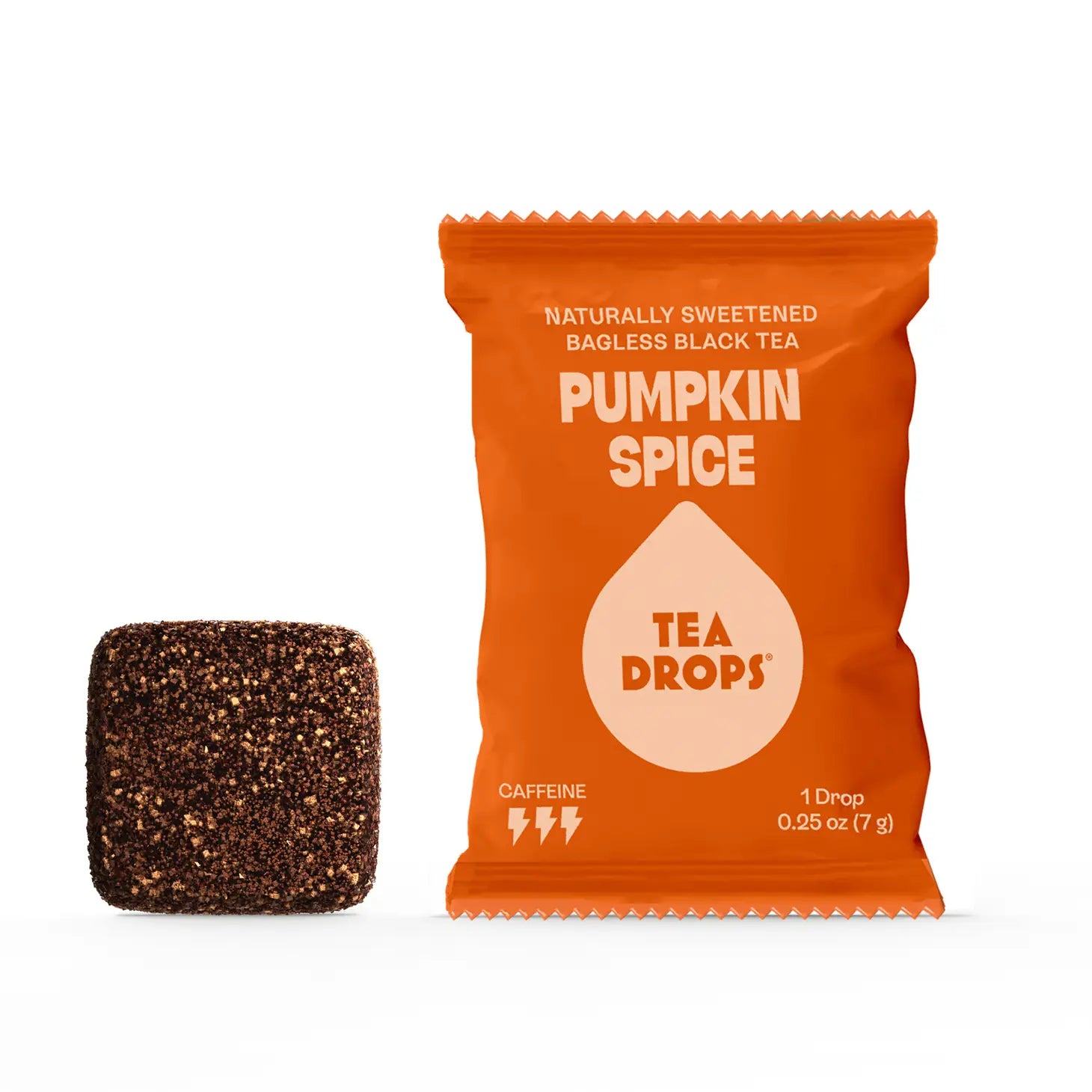 Pumpkin Spice Tea Drop next to orange packaging.