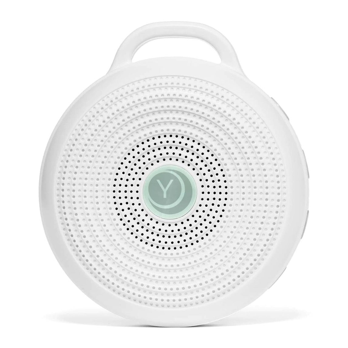 white round sound machine with aqua accent in the center with yoga sleep yoga