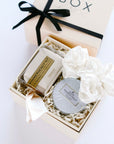 BOXFOX Creme Gift Box with Pinch Provisions Ivory Velvet Bridal Emergency Kit, Voluspa White Tin Candle and 2 Ivory Silk Scrunchies