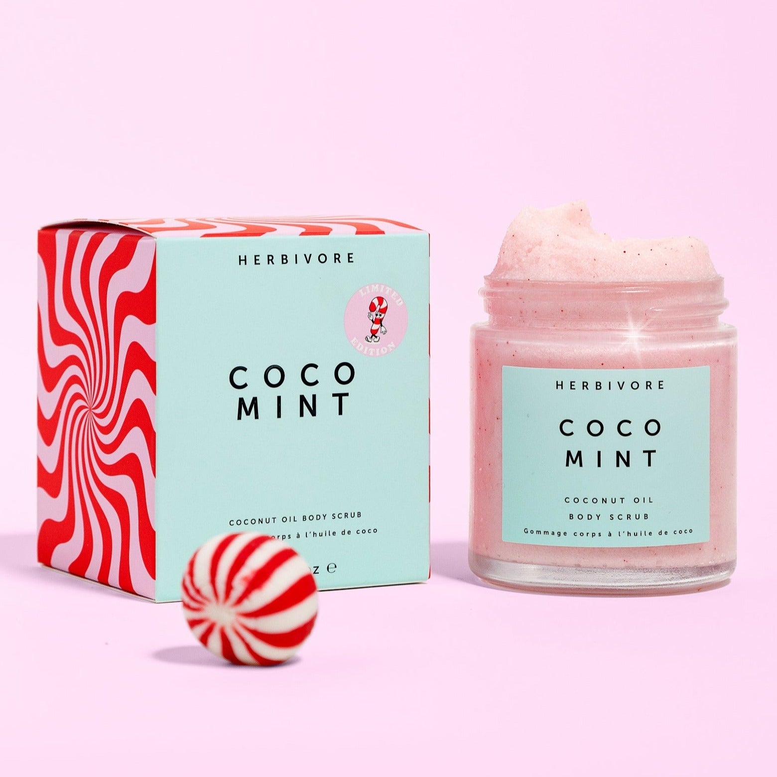 COCO Mint Body Scrub by Herbivore on Pink Background