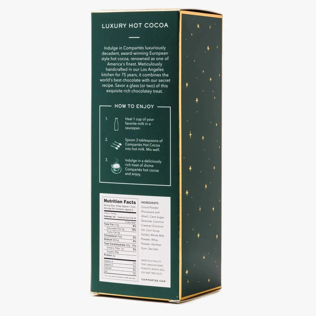 Back of emerald green box. Has white text with product description, ingredients & nutritional facts