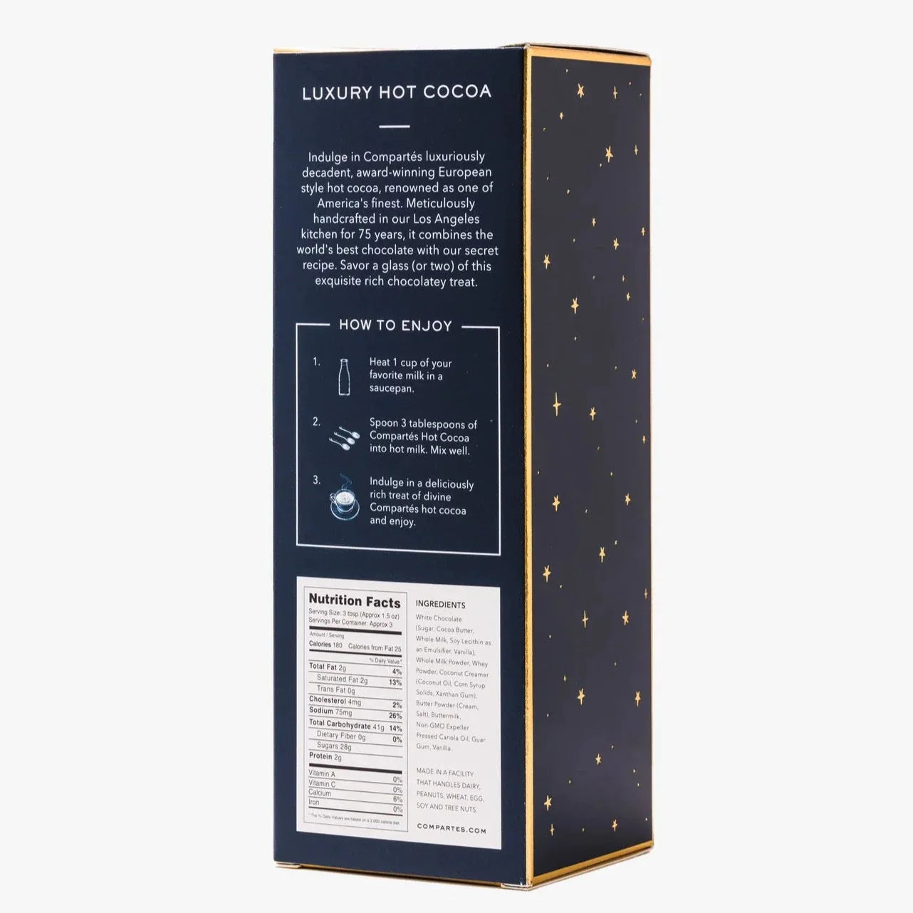 Back view of blue box with description of the product and nutrition facts.