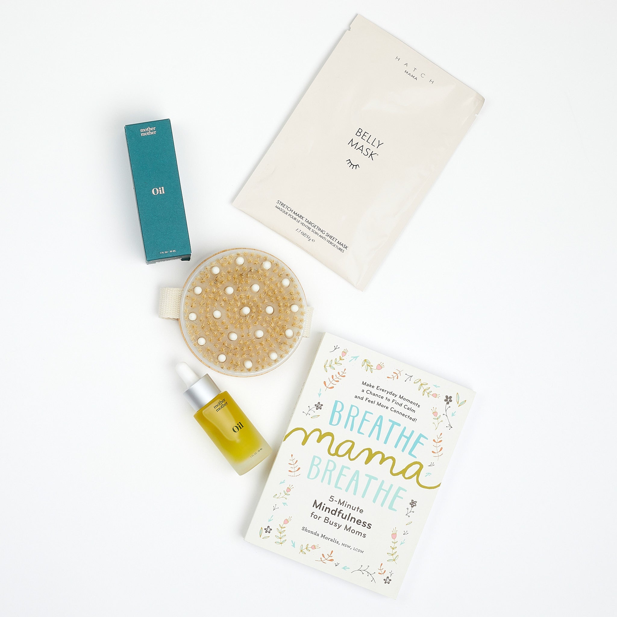 &quot;Breathe Mama Breathe&quot; Book, Le Pen Teal Pen, Mother Mother Belly Oil, HATCH Belly Sheet Mask , and BOXFOX Round Dry Brush