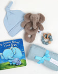 Swaddle, elephant rattle, teether, hat and book.