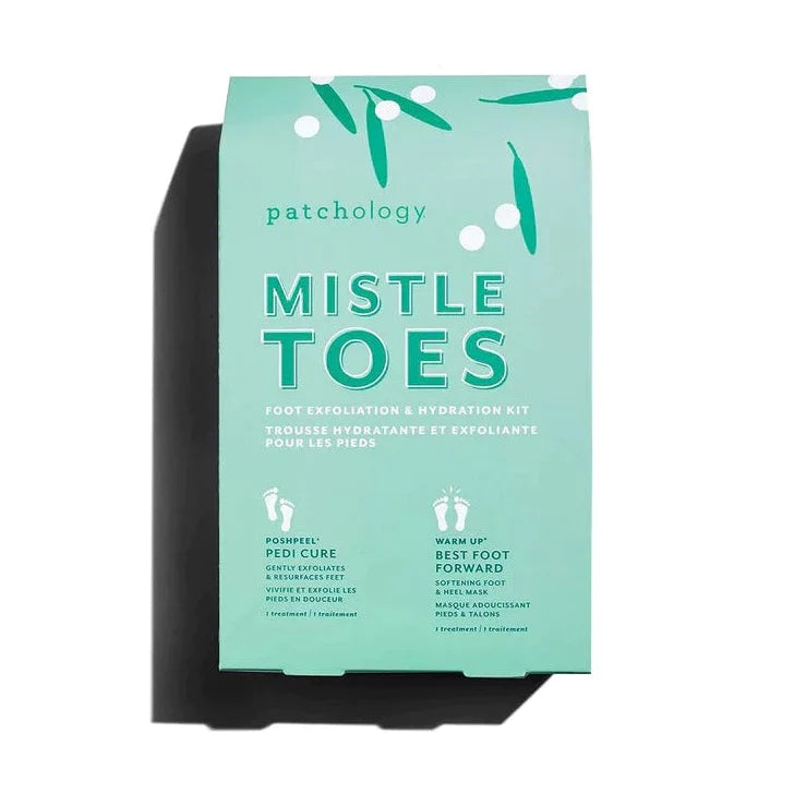 Light green box with dark green and white mistletoes printed at the top. In dark green "Pactchology Missile Toes" is printed. White text and illustrations showing the box contents. contains one softening mask and one exfoliating mask