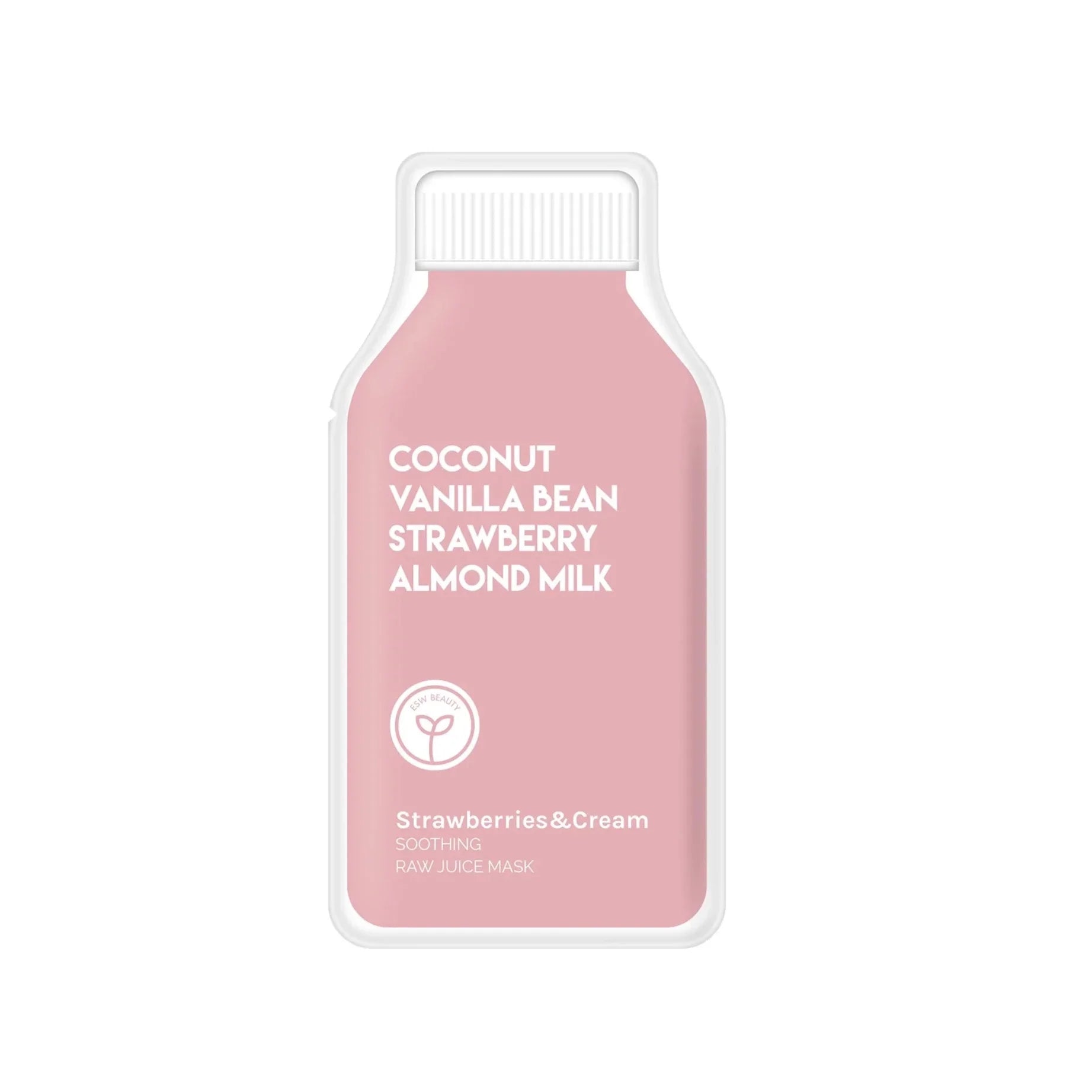 Pink sheet mask packaging that looks like a juice container. Has pink text on it