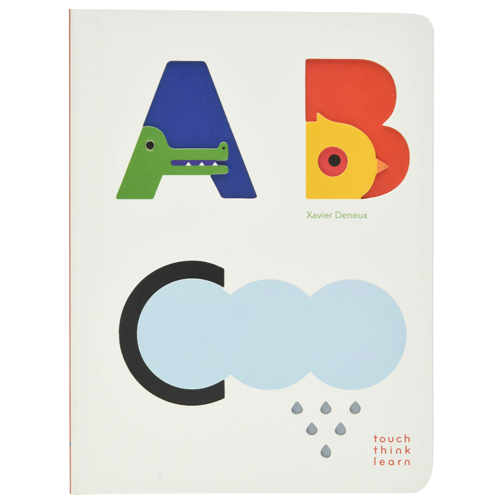 Image shows the cover to the ABC board book. The A has an alligator in it, the B a bird and C a cloud. 