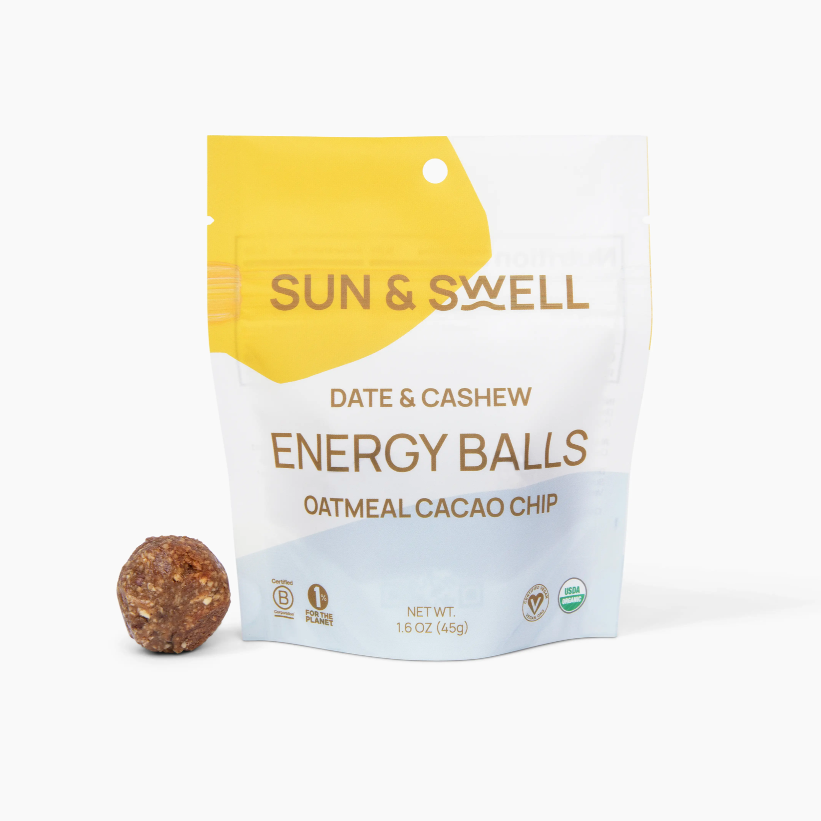 sun &amp; swell oatmeal cacao chip energy balls packaging with a ball to the left of It