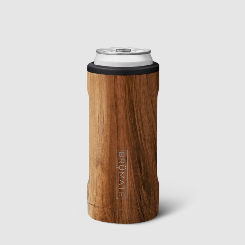 A wood grain print, insulated can holder with a can inside photographed on light grey background. 