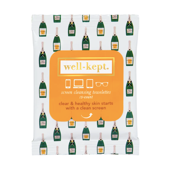 A white, square, plastic package with green champagne bottle pattern and orange opening flap in center. Text on flap reads, &quot; well-kept screen cleansing towelettes 15-count clear &amp; healthy skin starts with a clean screen&quot;. Photographed on white background. 
