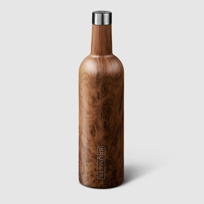 Walnut wood wine bottle. Cap is metallic silver and walnut wood pattern is a medium brown with darker brown details mimicking wood pattern. Photographed on white background.