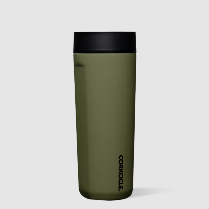 Tall insulated travel mug with olive green exterior and black plastic lid. Black text on bottom of cup reads, "CORKCICLE." Photographed on white background. 