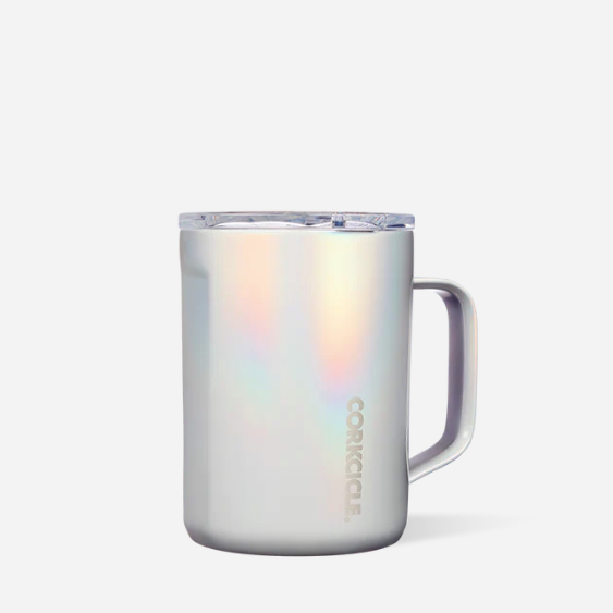 A white insulated mug with clear plastic lid and rainbow sheen. Text on bottom of mug reads, "CORKCICLE". Photographed on white background.