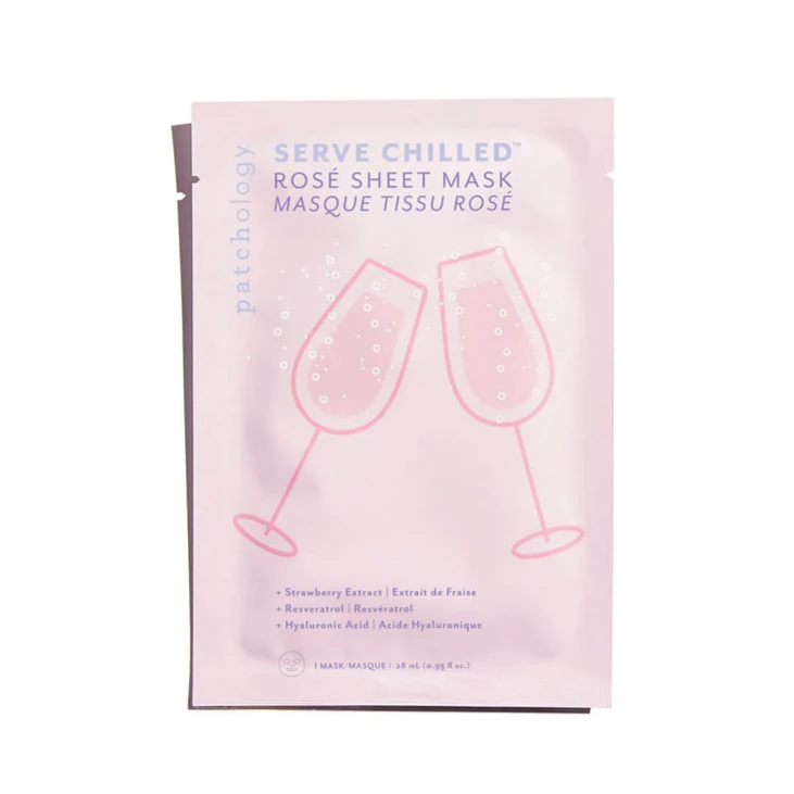 Square, light pink envelope with graphic of two clinking, bubbly rosé glasses. Text on packaging reads,"patchology Serve Chilled Rosé Sheet Mask -Strawberry Extract -Resveratrol -Hyaluronic Acid 1 Mask 28ml 0.95fl. oz". Photographed on white background.