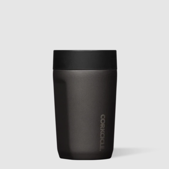 A slate grey metallic insulated mug with black plastic lid photographed on white background.