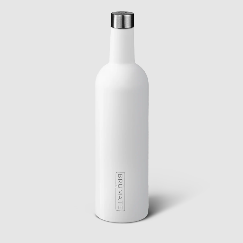 A wine bottle shaped, insulated, metal bottle with matte white exterior and metallic silver screw top. Photographed on white background.
