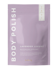 Bag of Lavender Body Polish that reads: Lavender Luxury Moisturizing Exfloiant: Energize you body and relax your mind! Body polishing exfoliates dead skin while unclogging pores, preventing ingrown hair, and promoting cell regeneration to encourage healthy, glowing skin. The bag is a light purple color.