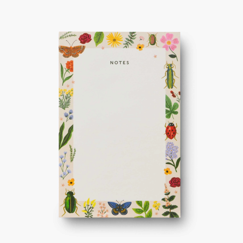 Image shows the Curio Note Pad that reads &quot;Notes&quot; at the top with a boarder of bugs, plants and flowers.