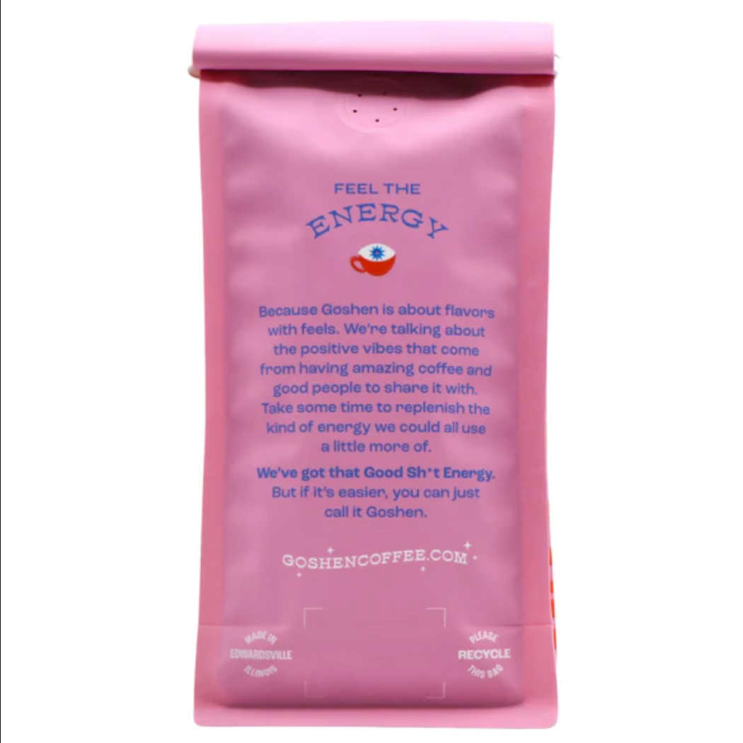 Back of Bright Eyed Breakfast coffee bag on white background.