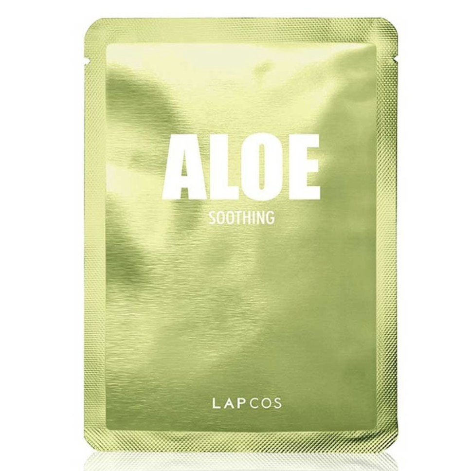 Green sheet mask that reads "ALOE Soothing LAPCOS"