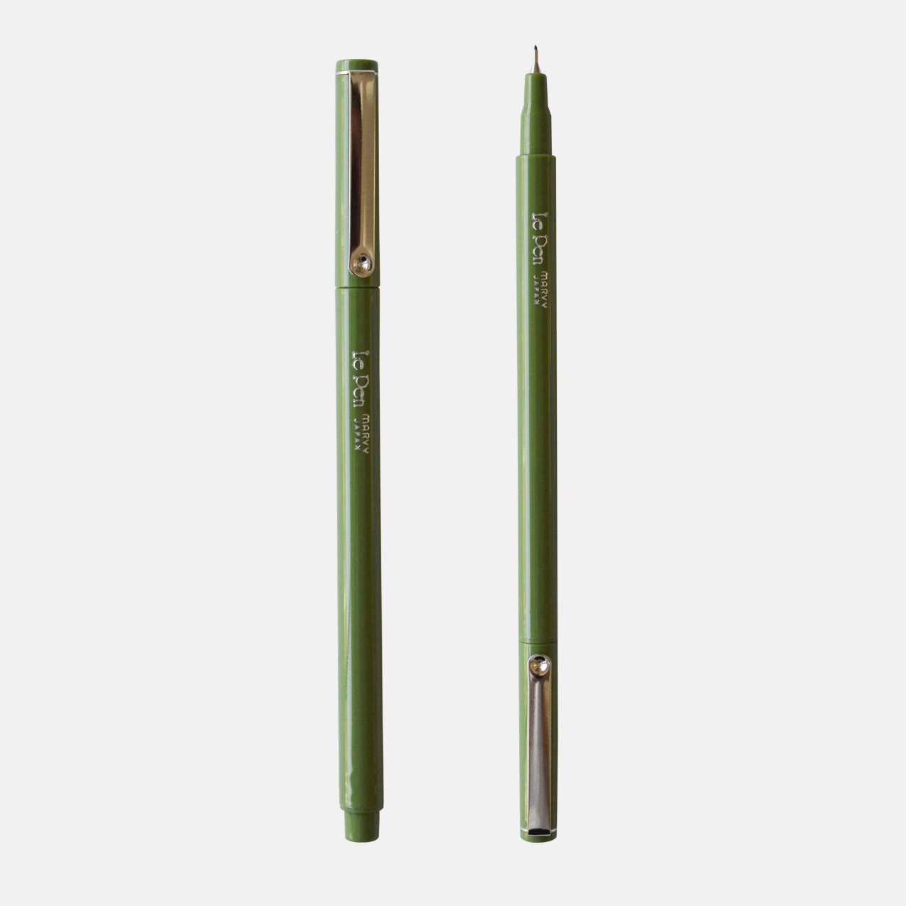 Two olive green pens, one with the cap on and one with the cap off.