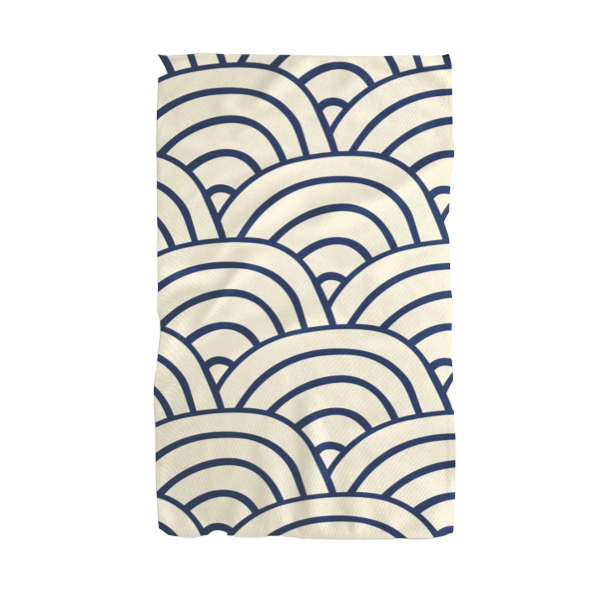 Tea towel with scalloped looking blue design