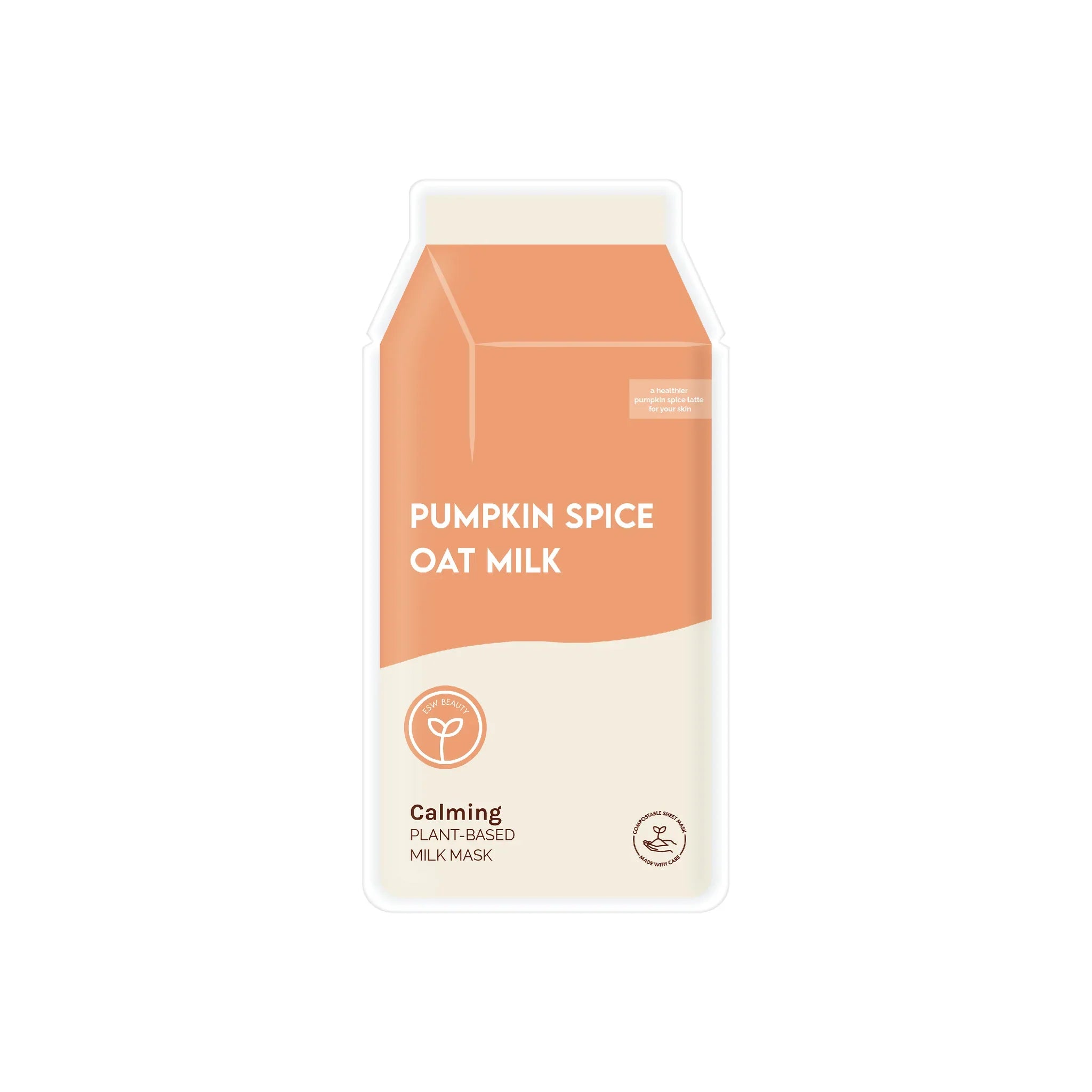 Pumpkin Spice Oat Milk Calming Plant-Based Milk Mask packaging on white background.