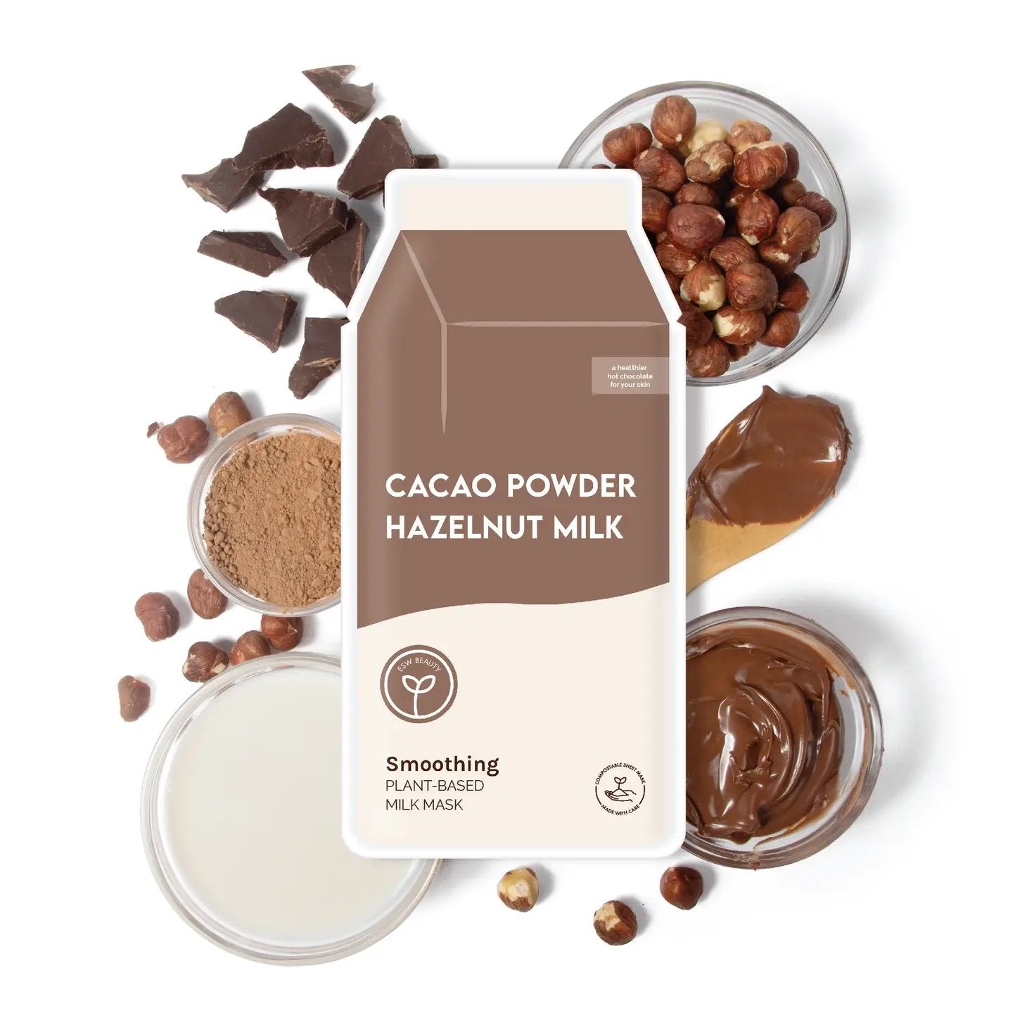 Cacao Powder Hazelnut Milk Smoothing Plant-Based Milk Mask packaging surrounded by chocolate, hazelnuts, powders and creams.