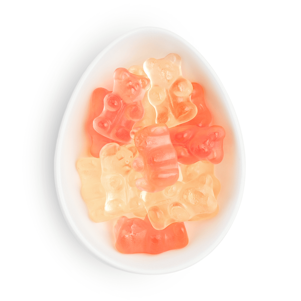 Small white ceramic dish filled with pink and yellow gummy bears.