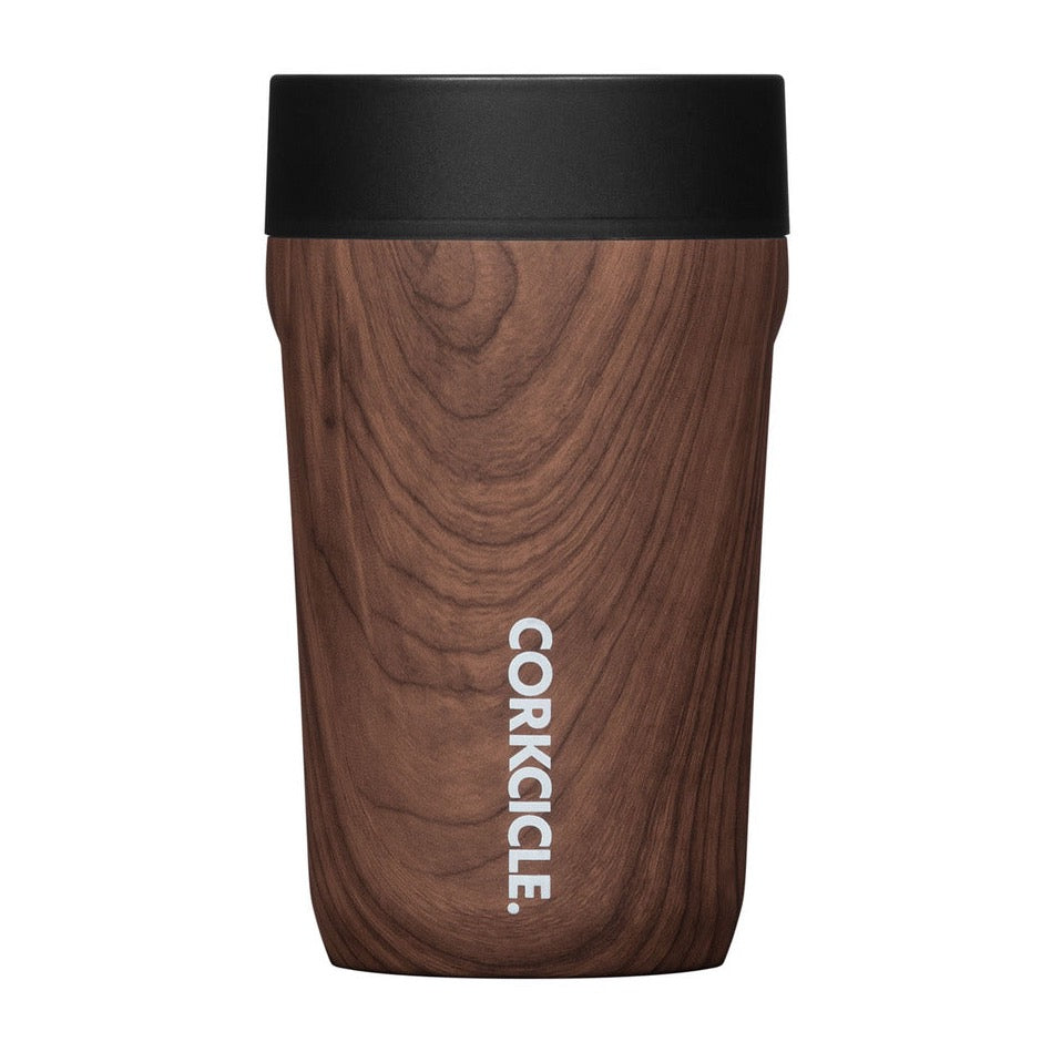 brown cup with wood pattern printed on it. black matte lid