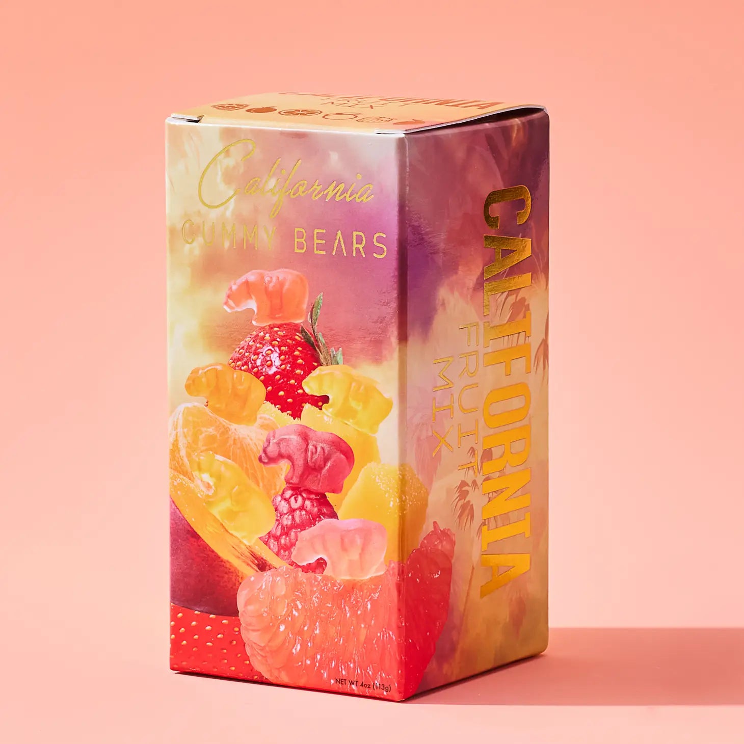 Colorful Box of California Gummy bears on pink background