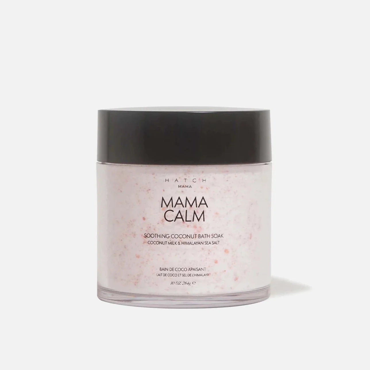 clear container with black lid containing the pink Mama Calm Bath Soak