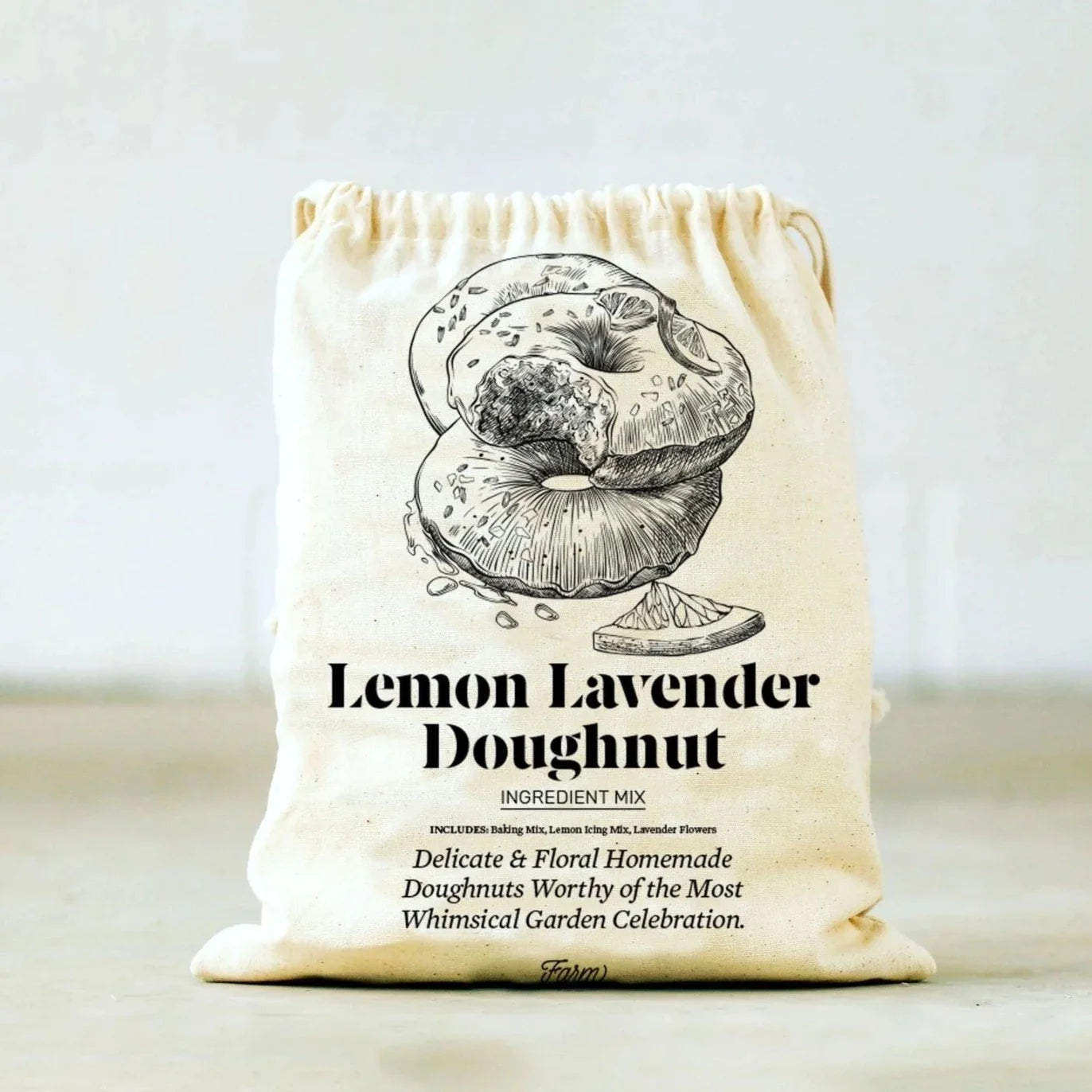 leom lavender bought mix in a canvas drawstring bag. printed on the bag is a lemon lavender doughnut and name of product