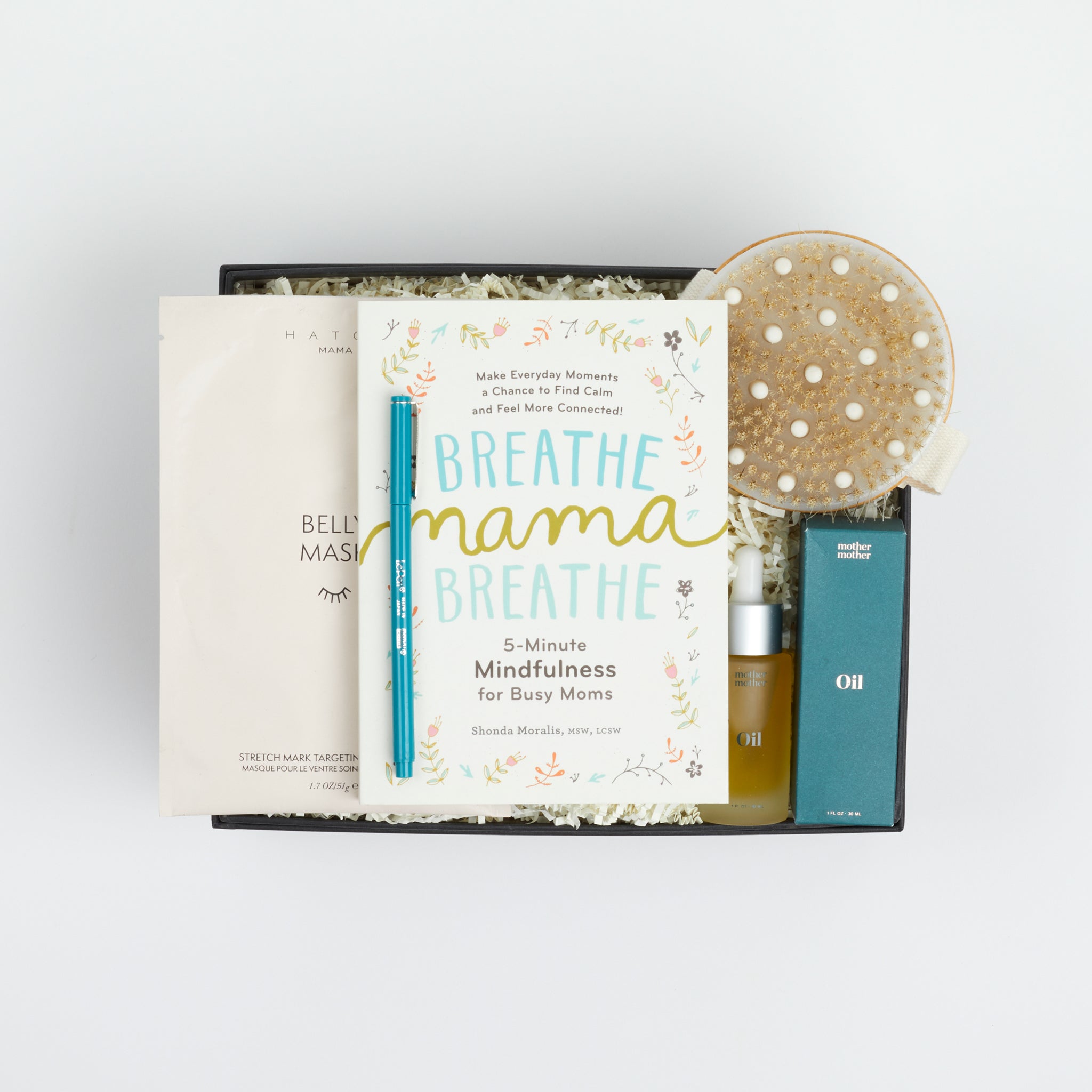 BOXFOX black Gift Box filled with &quot;Breathe Mama Breathe&quot; Book, Le Pen Teal Pen, Mother Mother Belly Oil, HATCH Belly Sheet Mask , and BOXFOX Round Dry Brush